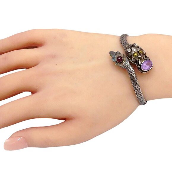 Vintage Sterling Silver Amethyst Snake Serpent Dragon Bangle/Cuff Style Bracelet - Picture 3 of 11